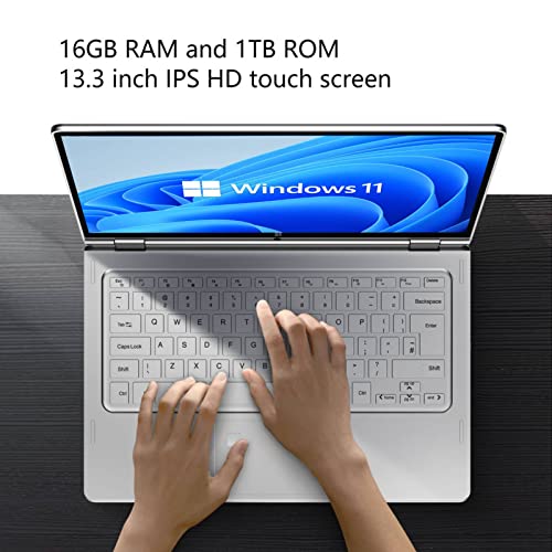 Acogedor 13.33inch Laptop, 2 in 1 Touch Screen Laptop Tablet PC for Windows11, 360 Degree Rotation 1920x1080 IPS HD Touch Screen LPDDR4 16GB RAM 256GB SSD Quad Core CPU, Fingerprint Unlock