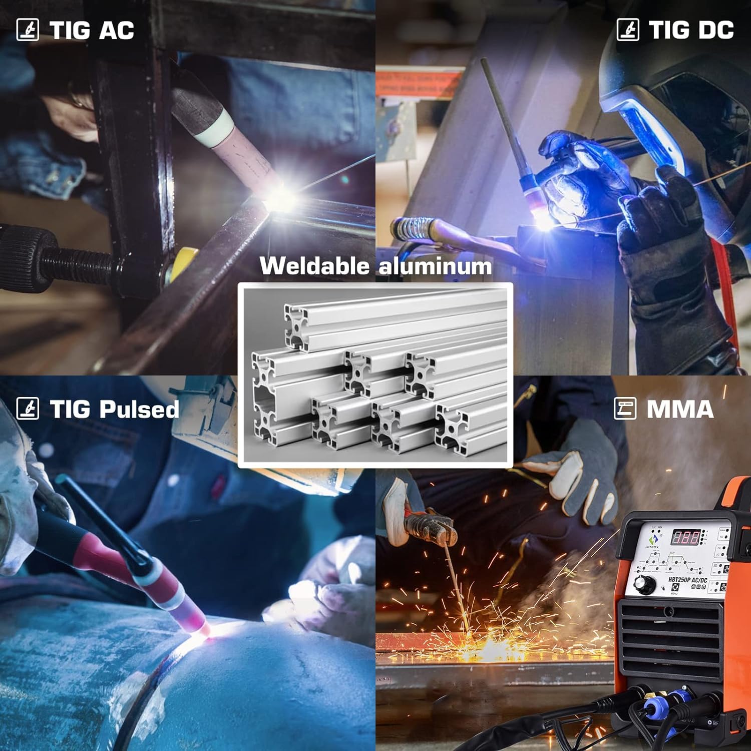 HITBOX 200A TIG Welder,AC/DC TIG Welder With Pulse 4 IN 1 Welding Machine,Aluminum TIG Welder 220V with DC TIG/AC TIG/Pulse TIG/Stick and IGBT 2T/4T LED Digital Display,Compatible with Foot Pedal