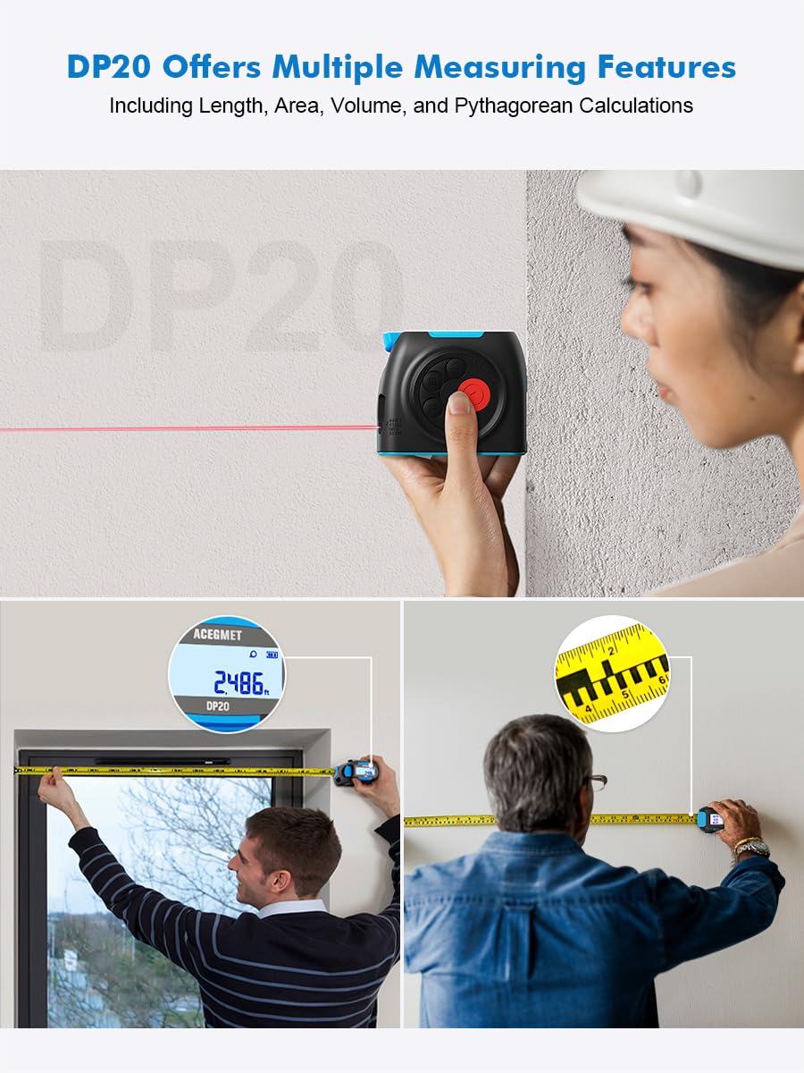 3-in-1 Digital Laser Tape Measure, ACEGMET 131Ft Laser Measurement Tool & 16Ft Measuring Tape with Digital Screen, Ft/Ft+in/in/M Unit Switching and Pythagorean Mode, Measure Distance, Area and Volume