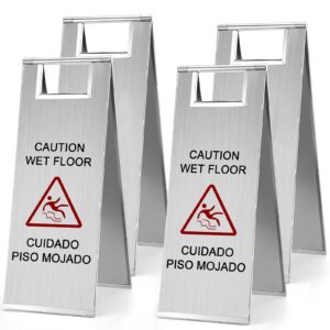 leifide 4 pcs stainless steel wet floor caution sign bulk 8.8 pound portable foldable handle bilingual safety sign for kitchen restaurant shop commercial use avoid fall and slip accident(4 pcs)