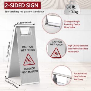 LEIFIDE 4 Pcs Stainless Steel Wet Floor Caution Sign Bulk 8.8 Pound Portable Foldable Handle Bilingual Safety Sign for Kitchen Restaurant Shop commercial Use Avoid Fall and Slip Accident(4 Pcs)