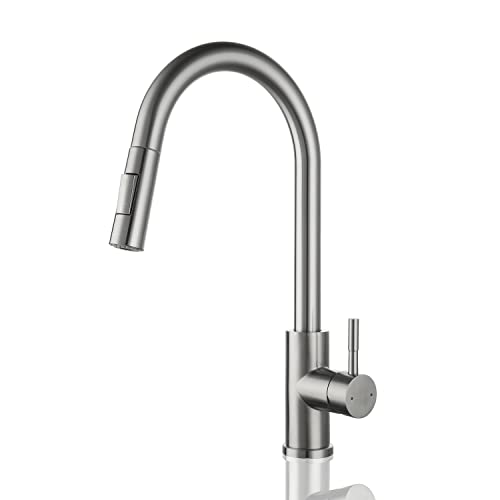 SATICO Single One Hole Single Handle Kitchen Faucet Brushed Nickel Faucet with Pull Down Sprayer Sink Faucet F80105BN Modern Contemporary Faucet in Stainless Steel & Brass cUPC NSF CEC Certified