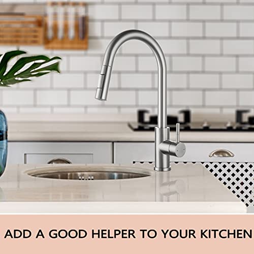 SATICO Single One Hole Single Handle Kitchen Faucet Brushed Nickel Faucet with Pull Down Sprayer Sink Faucet F80105BN Modern Contemporary Faucet in Stainless Steel & Brass cUPC NSF CEC Certified