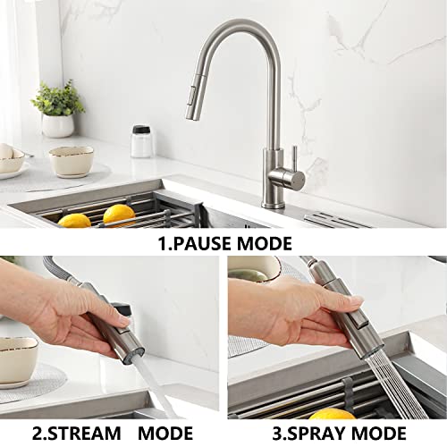 SATICO Single One Hole Single Handle Kitchen Faucet Brushed Nickel Faucet with Pull Down Sprayer Sink Faucet F80105BN Modern Contemporary Faucet in Stainless Steel & Brass cUPC NSF CEC Certified