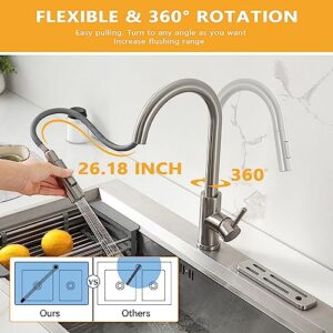 SATICO Single One Hole Single Handle Kitchen Faucet Brushed Nickel Faucet with Pull Down Sprayer Sink Faucet F80105BN Modern Contemporary Faucet in Stainless Steel & Brass cUPC NSF CEC Certified