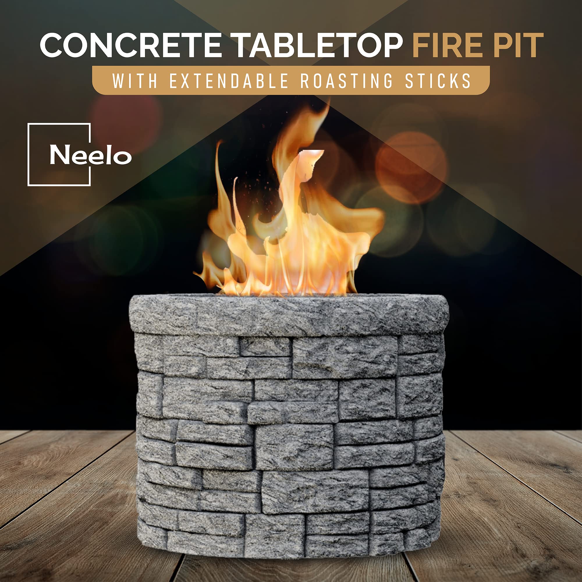 NEELO Concrete Tabletop S'mores Maker - Portable Smokeless Fire Pit Kit With Extendable Roasting Sticks for Indoor & Outdoor Patio Use