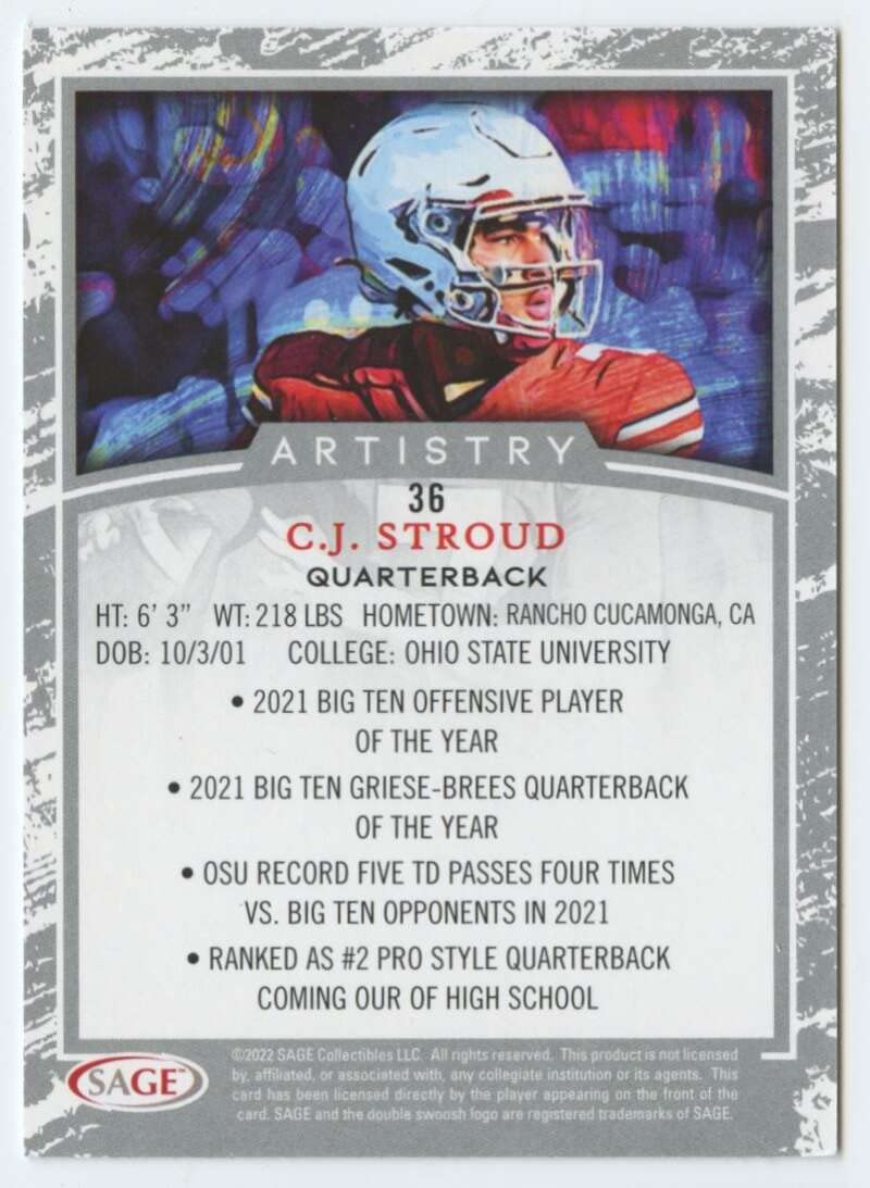 2022 SAGE Artistry #36 C.J. Stroud Ohio State Buckeyes RC Rookie Football Trading Card