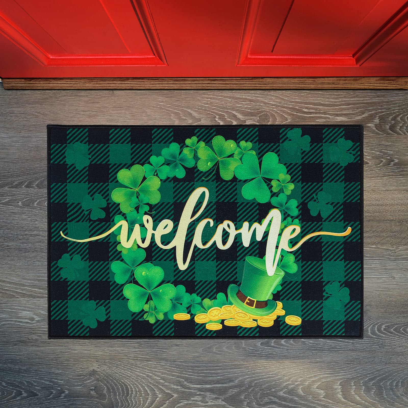 Whaline St. Patrick's Day Doormat Lucky Shamrock Welcome Floor Mat Green Black Buffalo Plaids Felt Front Door Rug for Irish Holiday Spring Indoor Outdoor Kitchen Bedroom, 23.6 x 15.7 Inch