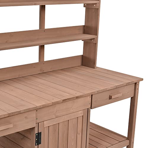 Polibi Potting Bench Table with 4 Open Shelves and 2 Drawers, 66" Large Farmhouse Wooden Outdoor Patio Workstation, Garden Potting Bench with Cabinet for Backyard, Mudroom (Brown)