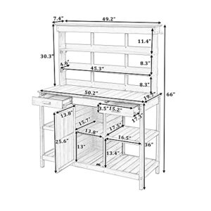 Polibi Potting Bench Table with 4 Open Shelves and 2 Drawers, 66" Large Farmhouse Wooden Outdoor Patio Workstation, Garden Potting Bench with Cabinet for Backyard, Mudroom (Brown)