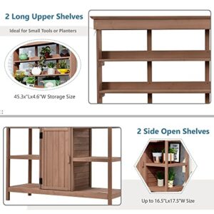 Polibi Potting Bench Table with 4 Open Shelves and 2 Drawers, 66" Large Farmhouse Wooden Outdoor Patio Workstation, Garden Potting Bench with Cabinet for Backyard, Mudroom (Brown)