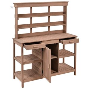 Polibi Potting Bench Table with 4 Open Shelves and 2 Drawers, 66" Large Farmhouse Wooden Outdoor Patio Workstation, Garden Potting Bench with Cabinet for Backyard, Mudroom (Brown)