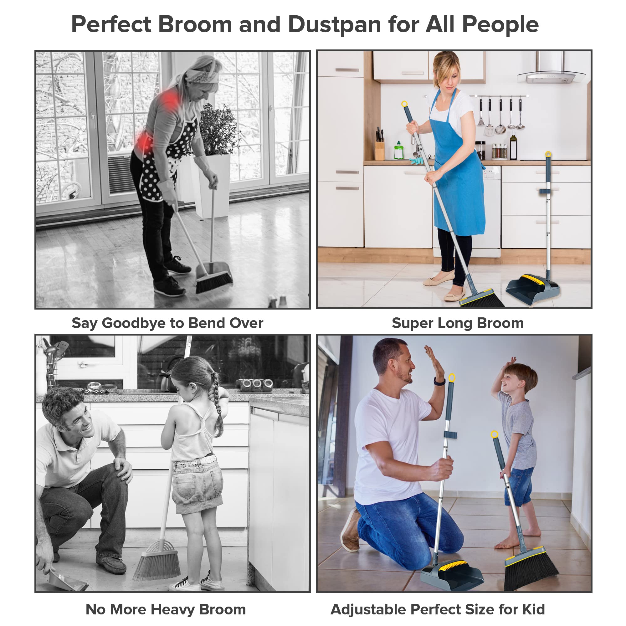 DALIPER Broom and Dustpan Set with Aluminum 54 Inches Long Handle, 180 Degree Swivel Broom and Upright Dust Pan with Hair Scraper for Home, Kitchen, Office, Outdoor, Indoor