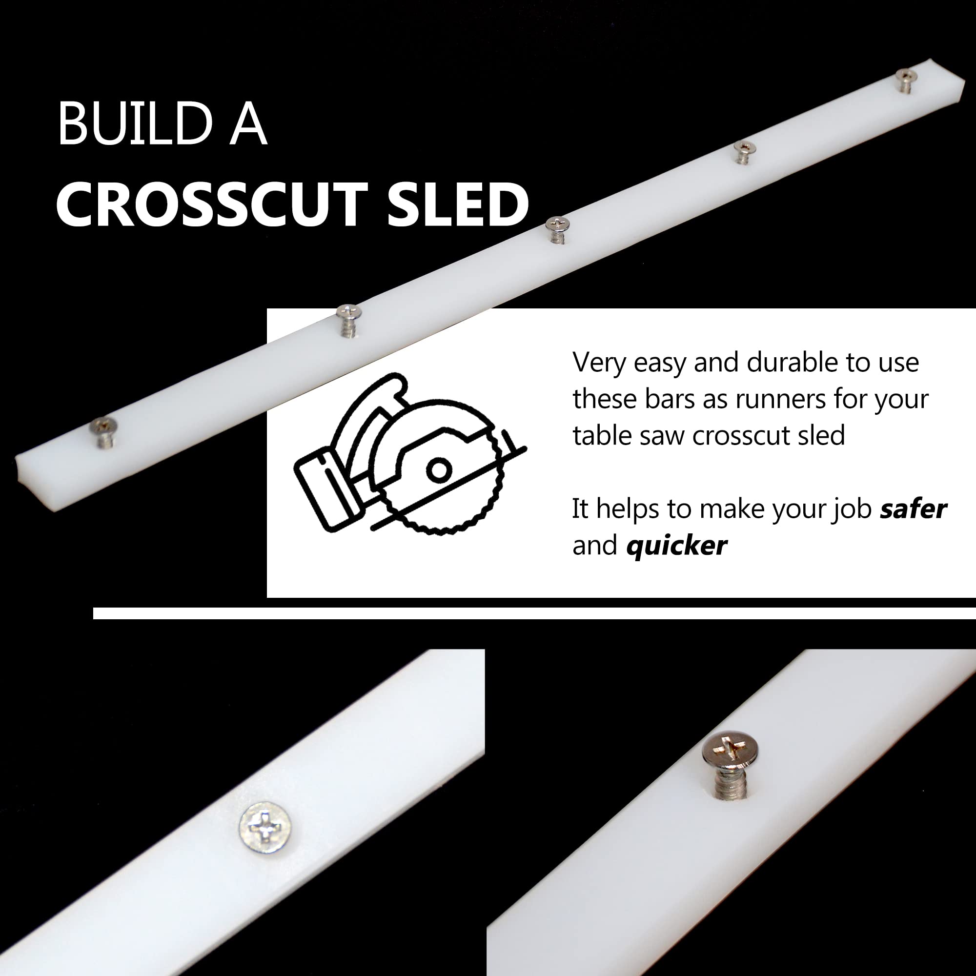 GYOFFULL Crosscut Sled for Table Saw UHMW Plastic 3/4" X 3/8" X 17" with Predrilled Holes and Screws Ideal for U Tracks Woodworking, Miter Slots, Router Table and Bandsaws(4 Bars)