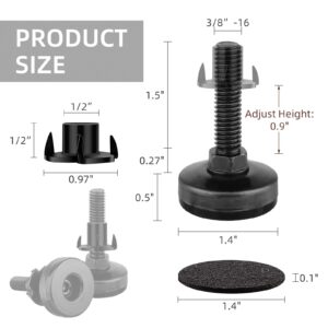 Heavy Duty Leg Levelers 3/8''-16 Thread, 12 Pcs Adjustable Leveling Feet Furniture Levelers Screw on with Threaded Inserts for Tables Chairs Cabinets Sofa, Support 3960LBs- Large Base, Black