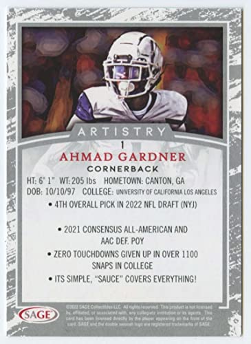 2022 SAGE Artistry #1 Ahmad Gardner UER RC Rookie Football Trading Card