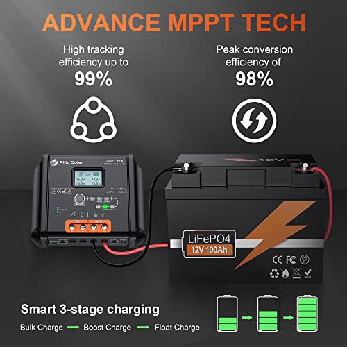 Allto Solar 20 Amp 12V/24V MPPT Solar Charge Controller 20A Solar Charge Regulator with LCD Backlit Display and Temp Sensor Fit for 12/24 Volt Gel AGM Sealed Flooded and Lithium Battery