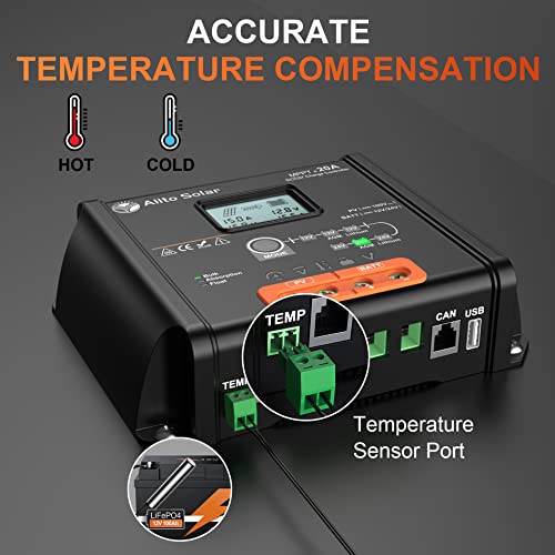 Allto Solar 20 Amp 12V/24V MPPT Solar Charge Controller 20A Solar Charge Regulator with LCD Backlit Display and Temp Sensor Fit for 12/24 Volt Gel AGM Sealed Flooded and Lithium Battery