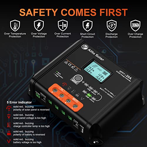 Allto Solar 20 Amp 12V/24V MPPT Solar Charge Controller 20A Solar Charge Regulator with LCD Backlit Display and Temp Sensor Fit for 12/24 Volt Gel AGM Sealed Flooded and Lithium Battery