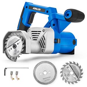 aonllen toe kick saw 3-3/8 in. 6.8 amp electric circular saw with 2pcs carbide tipped blades for woods,1pcs grit diamond blades for tile cuts,special undercut saw for removing subfloor or tiles