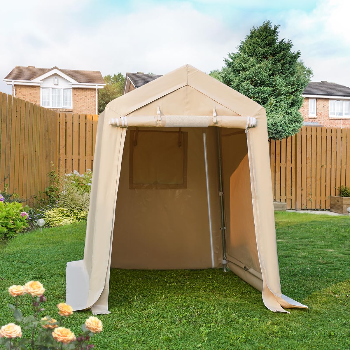 ADVANCE OUTDOOR 6x8 ft Outdoor Portable Storage Shelter Shed with 2 Roll up Zipper Doors & Vents Carport for Motorcycle Waterproof and UV Resistant Anti-Snow Portable Garage Kit Tent, Beige
