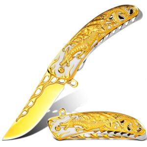 vividstill pocket knife for men, cool folding knife with 3d golden dragon embossed relief, great gift edc knife for men outdoor survival camping…
