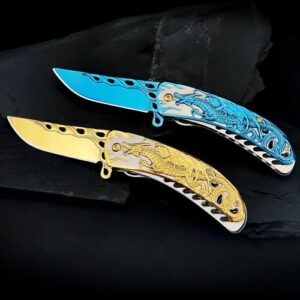 Vividstill Pocket Knife for Men, Cool Folding Knife With 3D Golden Dragon Embossed Relief, Great Gift Edc Knife For Men Outdoor Survival Camping…