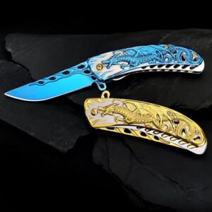 Vividstill Pocket Knife for Men, Cool Folding Knife With 3D Golden Dragon Embossed Relief, Great Gift Edc Knife For Men Outdoor Survival Camping…