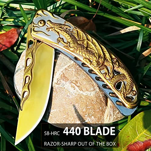 Vividstill Pocket Knife for Men, Cool Folding Knife With 3D Golden Dragon Embossed Relief, Great Gift Edc Knife For Men Outdoor Survival Camping…