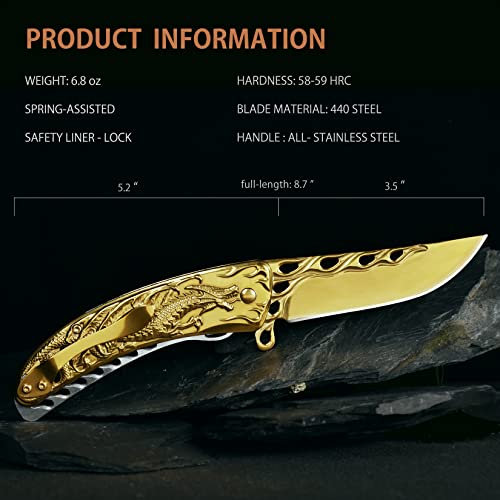 Vividstill Pocket Knife for Men, Cool Folding Knife With 3D Golden Dragon Embossed Relief, Great Gift Edc Knife For Men Outdoor Survival Camping…