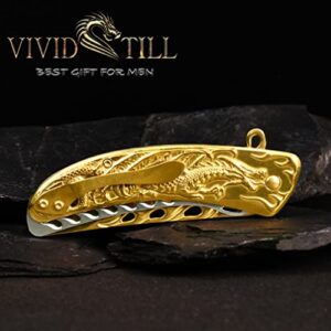 Vividstill Pocket Knife for Men, Cool Folding Knife With 3D Golden Dragon Embossed Relief, Great Gift Edc Knife For Men Outdoor Survival Camping…