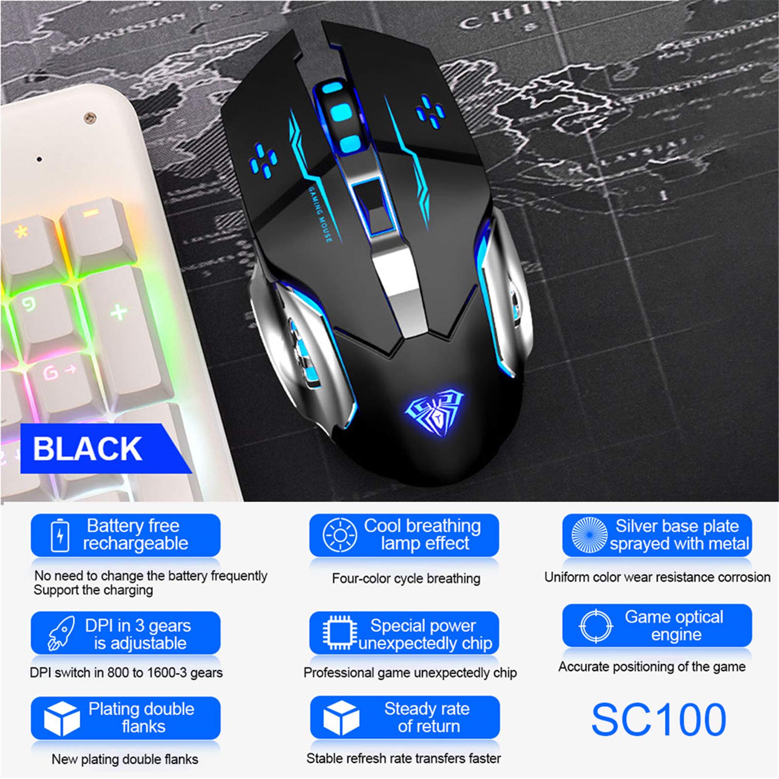 AULA Punk Black Gaming Keyboard and Mouse Combo (F2088 Wired Blue Switches Mechanical Keyboard + SC100 Black Wireless Gaming Mouse)