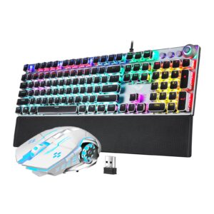 aula retro typewriter gaming keyboard and mouse combo (f2088 punk blue switches wired mechanical keyboard + sc100 white wireless gaming mouse)