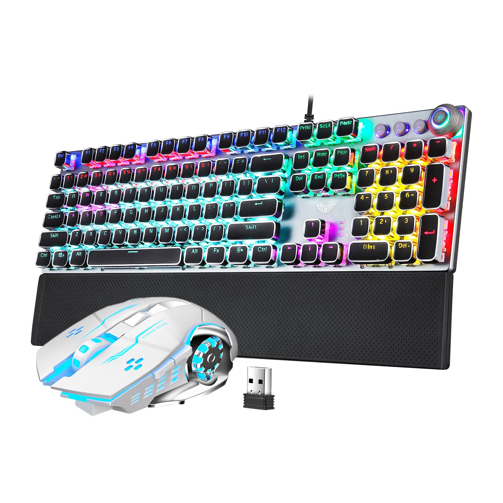 AULA Retro Typewriter Gaming Keyboard and Mouse Combo (F2088 Punk Blue Switches Wired Mechanical Keyboard + SC100 White Wireless Gaming Mouse)