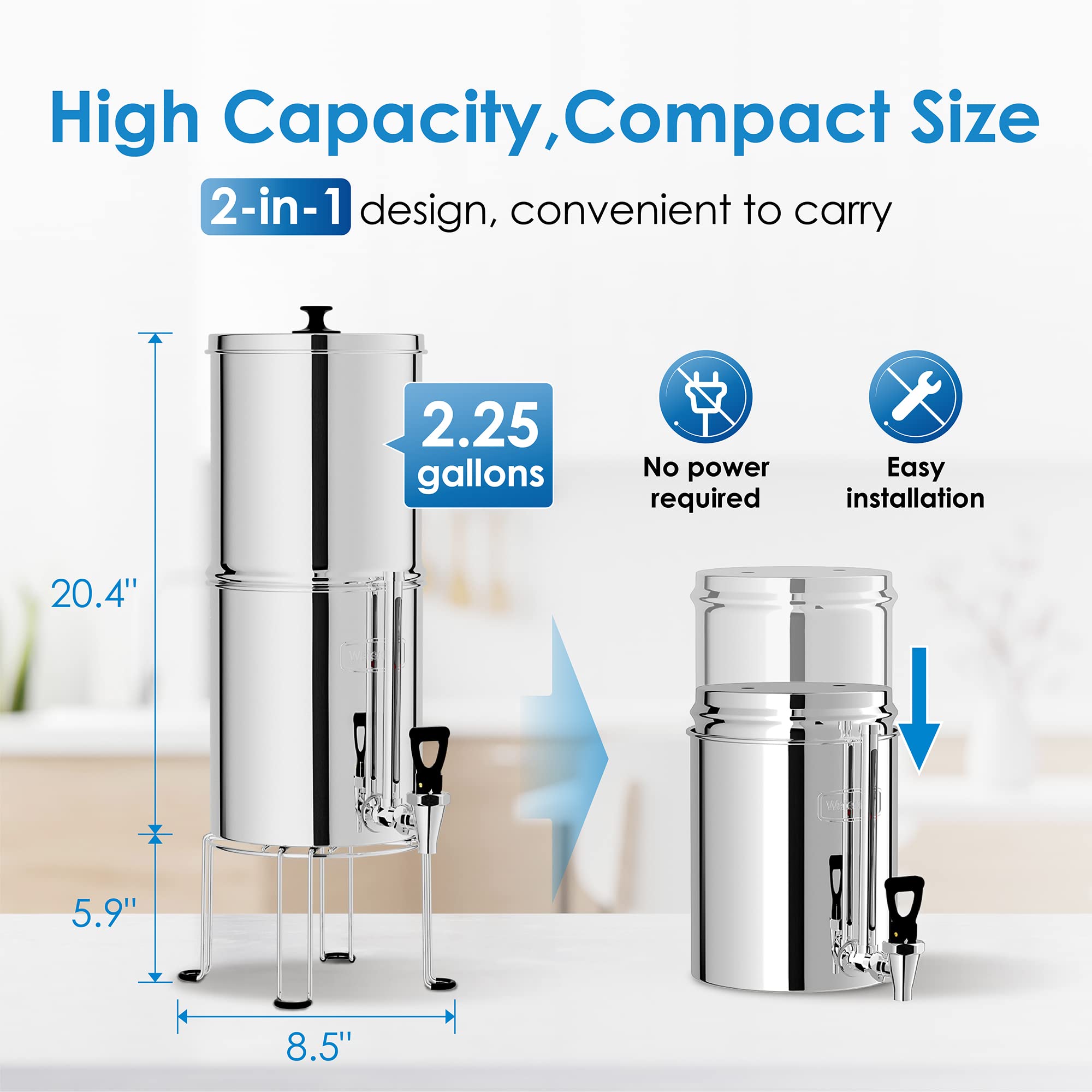 Waterdrop Gravity-fed Water Filter System with 4 Filters, Metal Water Level Spigot and Stand, 2.25G Stainless-Steel System, Reduces Chlorine-King Tank Series