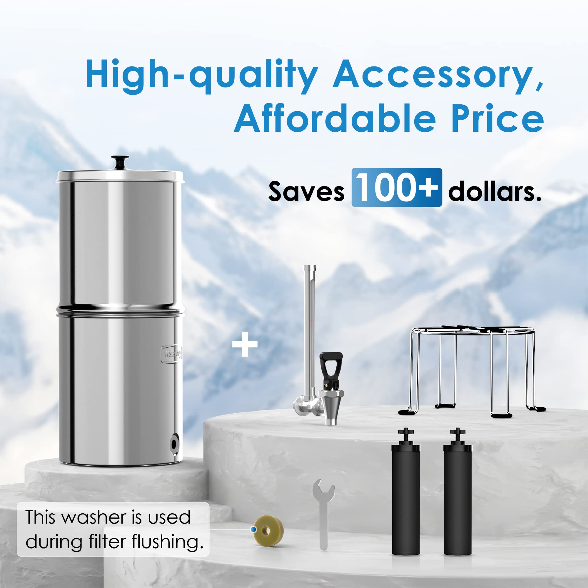 Waterdrop Gravity-fed Water Filter System with 4 Filters, Metal Water Level Spigot and Stand, 2.25G Stainless-Steel System, Reduces Chlorine-King Tank Series