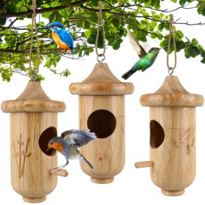 hummingbird house for outside hanging, wooden hummingbird gifts nest 3 pack with hemp ropes, gardening gifts humming bird houses home decoration