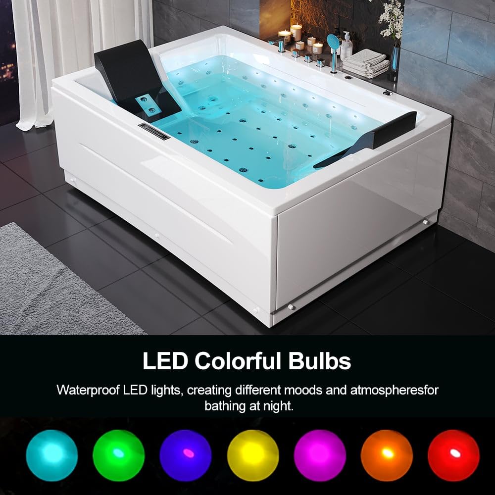 Weibath 71" LED Bathtub Modern Acrylic Corner Bathtub Whirlpool Air Massage 3 Sided Apron Soaking Tub in White Chromatherapy LED