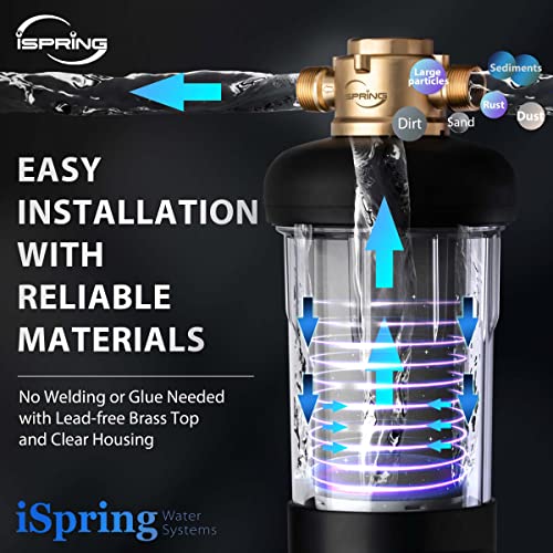 iSpring WSP500J Reusable Whole House Spin-Down Sediment Water Filter, Upgraded Jumbo Size, Large Capacity, 500-Micron Flushable Prefilter Filtration, 1" MNPT + 3/4" FNPT, Lead-Free Brass