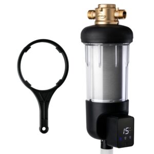 ispring wsp500arj spin-down sediment water filter, upgraded jumbo size, large capacity, reusable with touch-screen auto flushing module, brass top clear housing, 500 microns