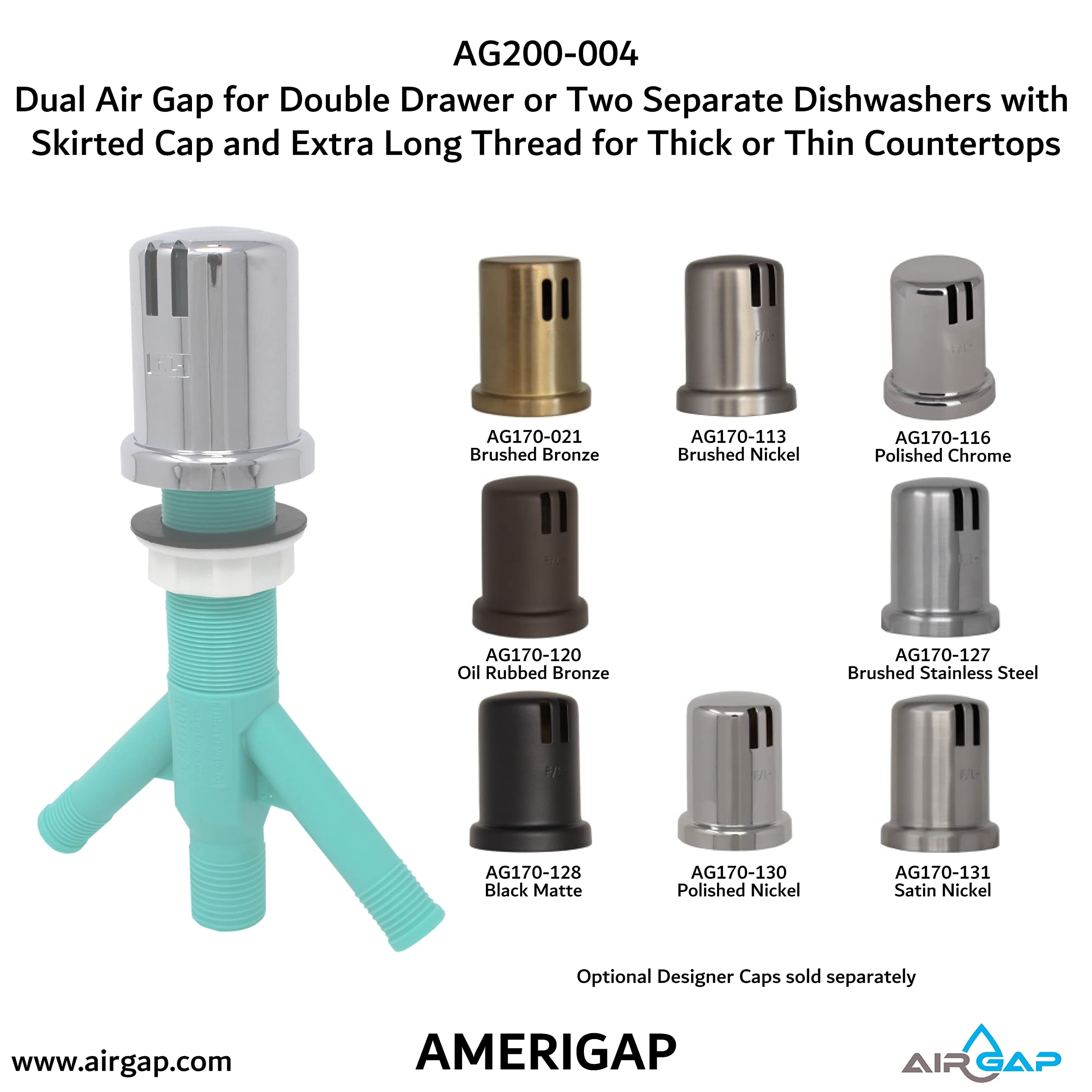 Dual Air Gap for Double Drawer or Two Separate Dishwashers with Skirted Cap and Extra Long Thread for Thick or Thin Countertops (AG200-004, AG200-001, T52, AMERIGAP)