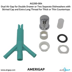 Dual Air Gap for Double Drawer or Two Separate Dishwashers with Skirted Cap and Extra Long Thread for Thick or Thin Countertops (AG200-004, AG200-001, T52, AMERIGAP)