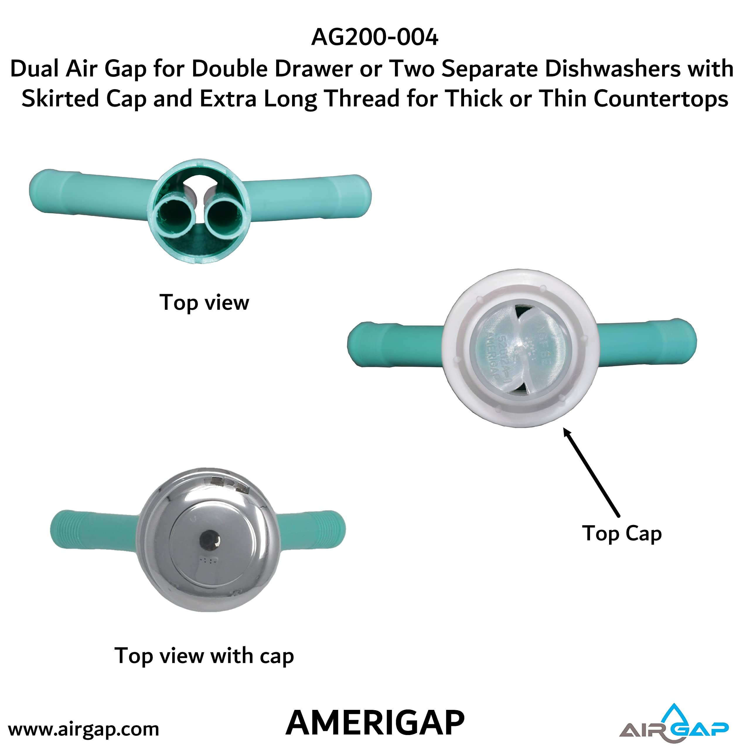 Dual Air Gap for Double Drawer or Two Separate Dishwashers with Skirted Cap and Extra Long Thread for Thick or Thin Countertops (AG200-004, AG200-001, T52, AMERIGAP)