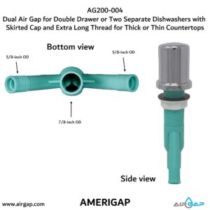 Dual Air Gap for Double Drawer or Two Separate Dishwashers with Skirted Cap and Extra Long Thread for Thick or Thin Countertops (AG200-004, AG200-001, T52, AMERIGAP)