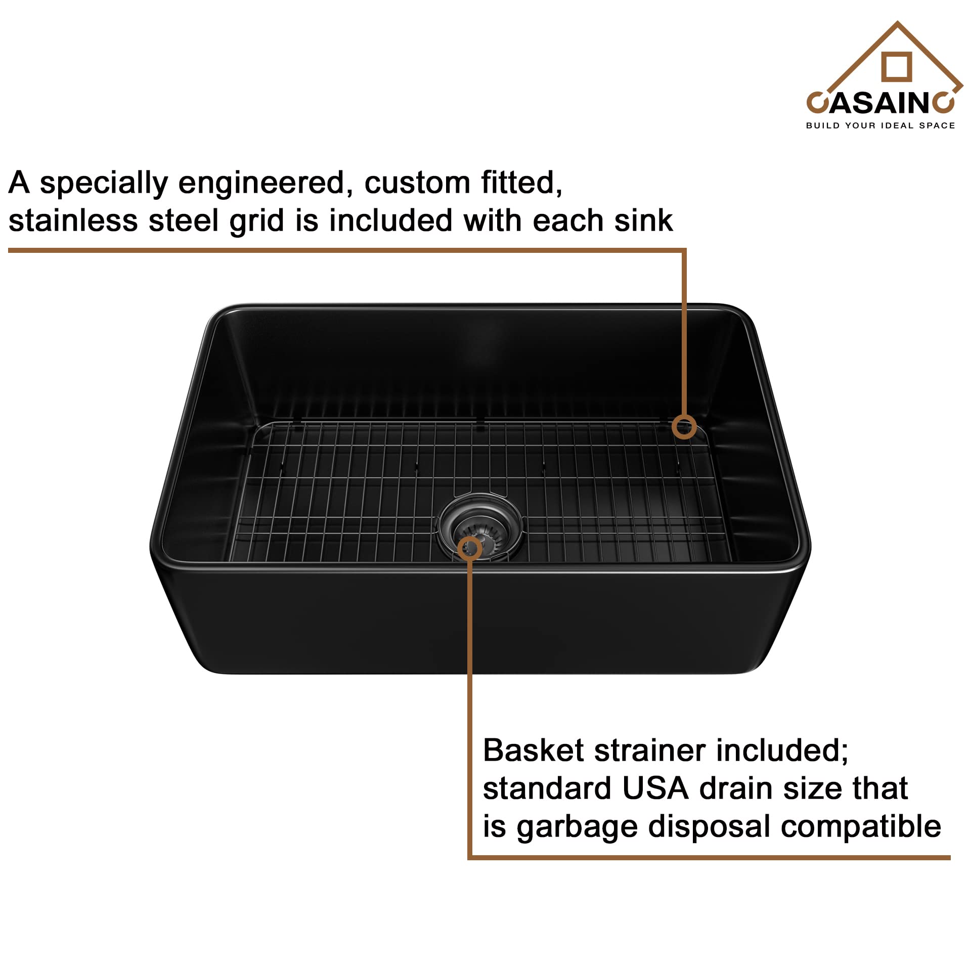 CASAINC 30-inch Kitchen Sink Black, Farmhouse Sink Fireclay Apron -Front Farmhouse Deep Single Bowl, Farmhouse Sink with Stainless Steel Bottom Grid and Kitchen Sink Drain