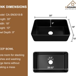 CASAINC 30-inch Kitchen Sink Black, Farmhouse Sink Fireclay Apron -Front Farmhouse Deep Single Bowl, Farmhouse Sink with Stainless Steel Bottom Grid and Kitchen Sink Drain