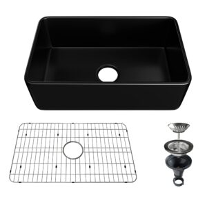 CASAINC 30-inch Kitchen Sink Black, Farmhouse Sink Fireclay Apron -Front Farmhouse Deep Single Bowl, Farmhouse Sink with Stainless Steel Bottom Grid and Kitchen Sink Drain