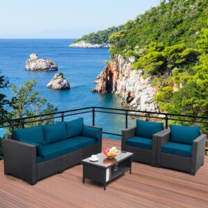 Lviden 4 Pieces Patio PE Wicker Sofa Sets Outdoor Rattan Conversation Furniture Set sectional Couch with Table and Peacock Blue Cushions