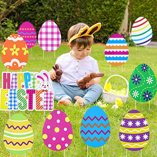 Cosyway 11 PCS Easter Yard Signs, Outdoor Easter Decorations Yard Stakes Waterproof Plastic Egg Shaped and Happy Easter Signs for Lawn Yard Garden Holiday Decor