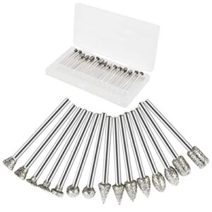 15pcs diamond burr bits,hardell rotary engraving bits set with 1/8-inch shank, diamond-coated stone carving accessories bit for rotary tools